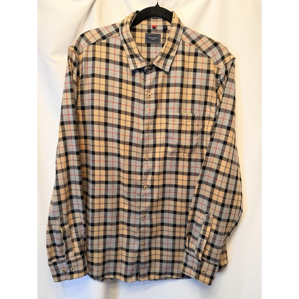 7 Diamonds Luxe Soft Men's Large Tan Gray Black Plaid Check Flannel Shirt